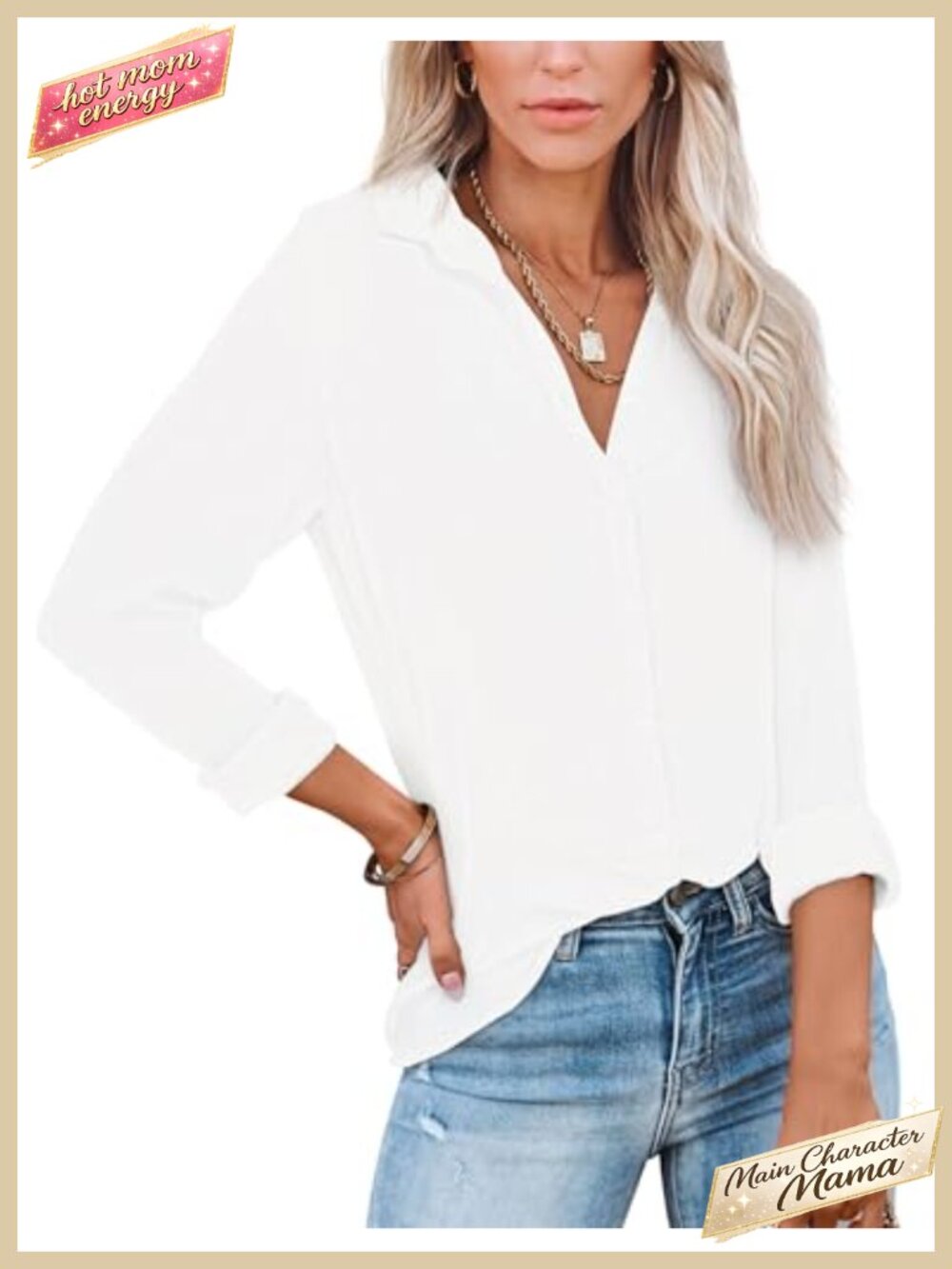 Womens Button Down V Neck Long Sleeve Office Casual Blouse